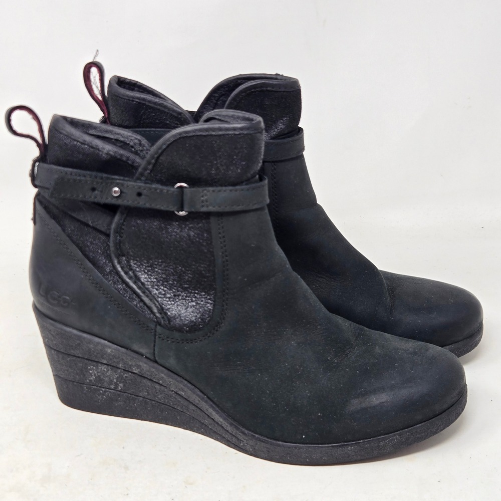 UGG Australia Simmens Waterproof Black Leather Suede Wedge Ankle Boots 1008017 8